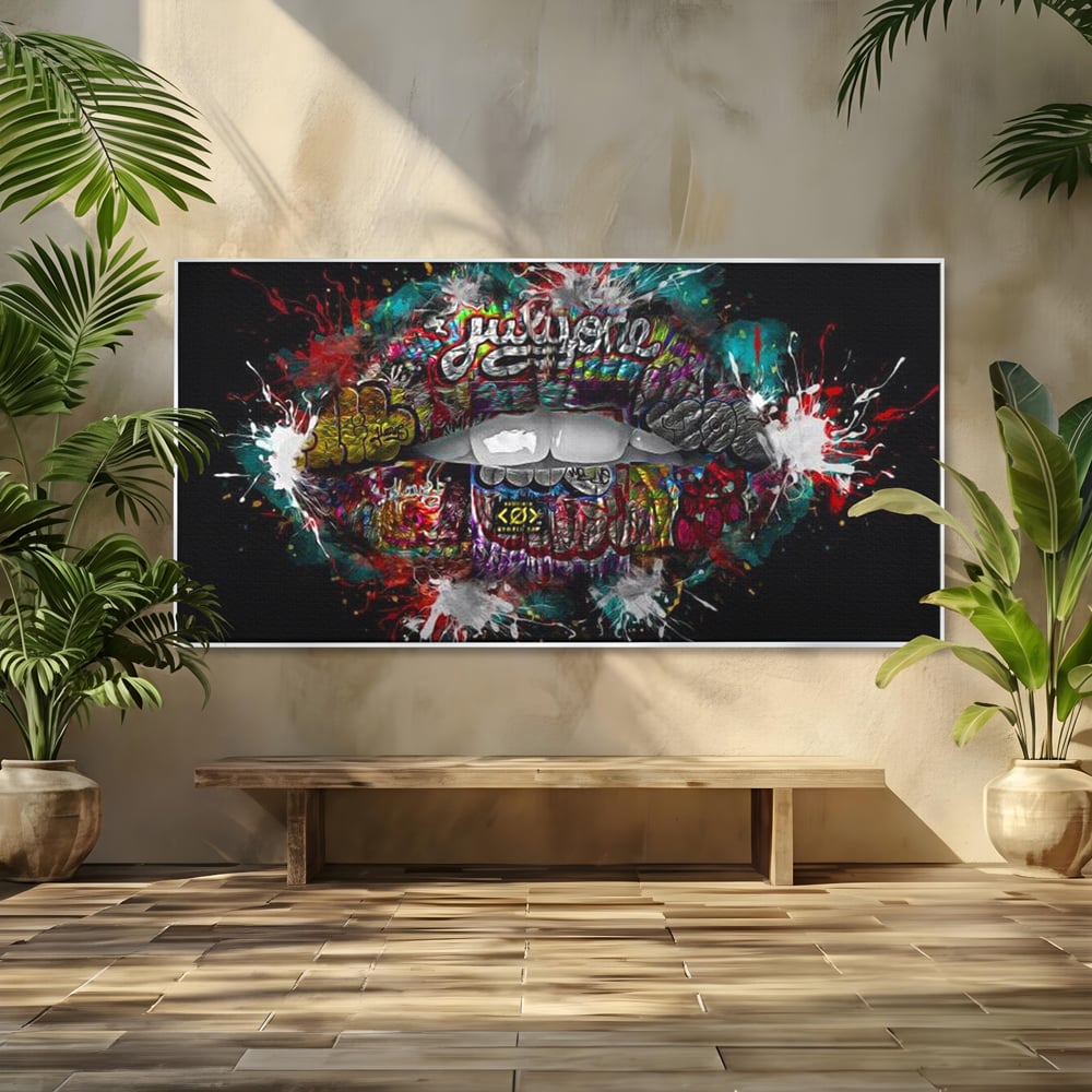 Tablou canvas cu tablou canvas cu buze grafitti, in rama de aluminiu argintiu